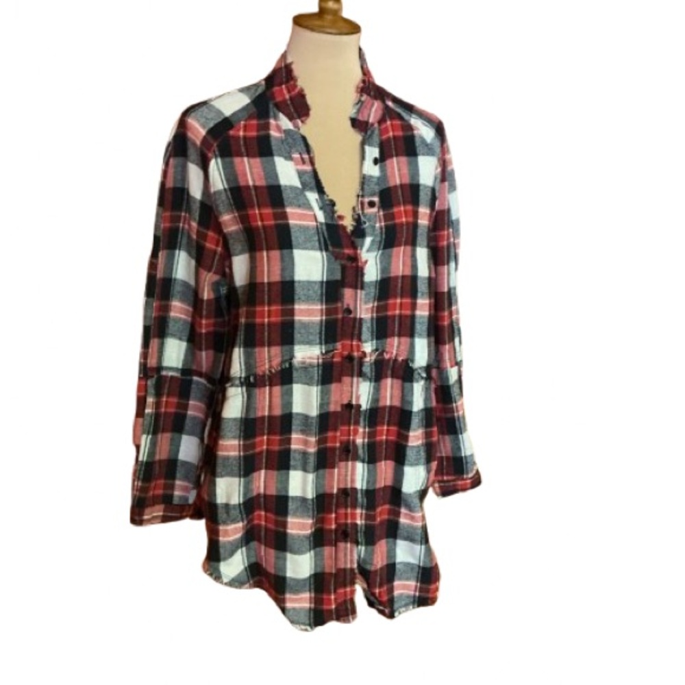 Feminine distressed oversized flannel shirt